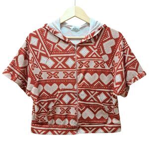 Fio Fio Crop Raglan Zip Cardigan Made In USA Hearts Short Sleeve Size M Hooded